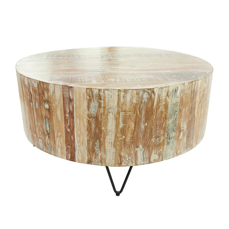 Mesa de centro redonda de madera de mango marrón con patas de horquilla negras – 1 persona
