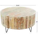 Mesa de centro redonda de madera de mango marrón con patas de horquilla negras – 1 persona