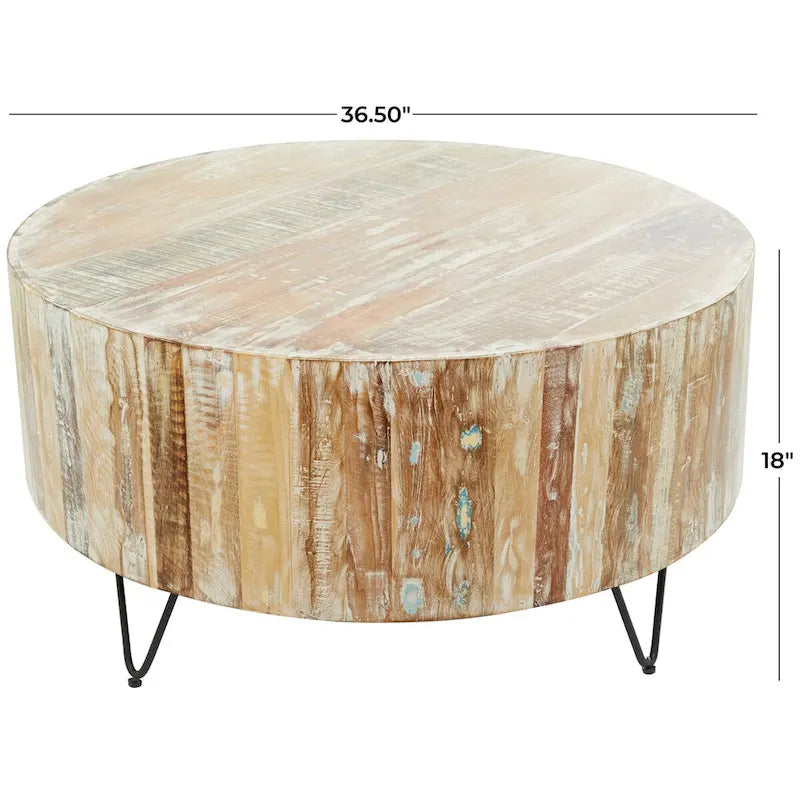 Mesa de centro redonda de madera de mango marrón con patas de horquilla negras – 1 persona