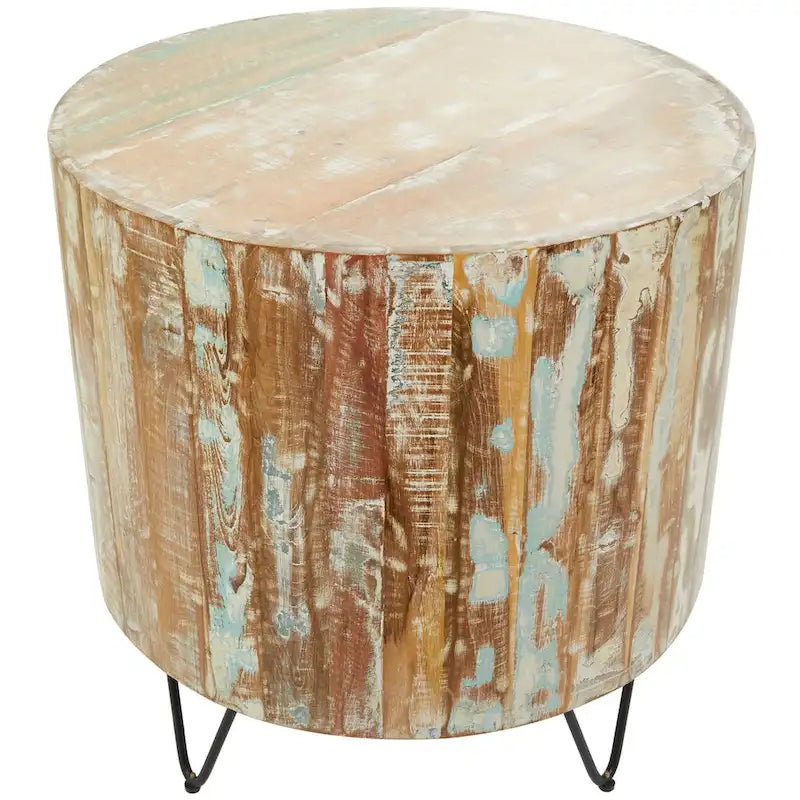 Mesa de centro redonda de madera de mango marrón con patas de horquilla negras – 1 persona