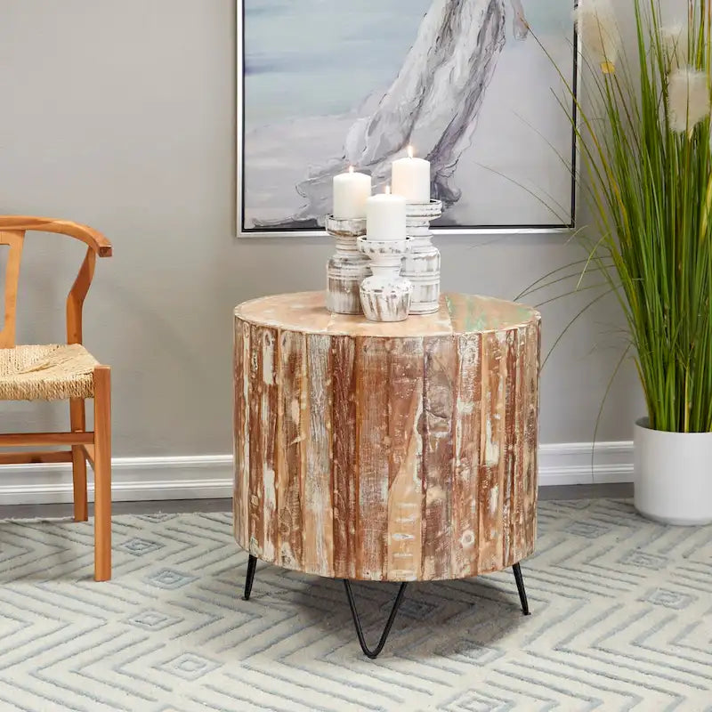 Mesa de centro redonda de madera de mango marrón con patas de horquilla negras – 1 persona