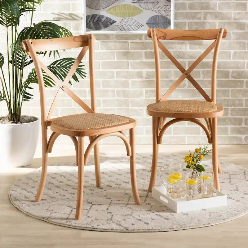 Sillas de comedor de ratán marrón natural, estilo de mediados de siglo, juego de 2