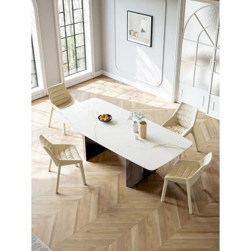 Mesa de comedor rectangular blanca de piedra sinterizada, 6 plazas – 160 cm (L) × 90 cm (An) × 75 cm (Al)