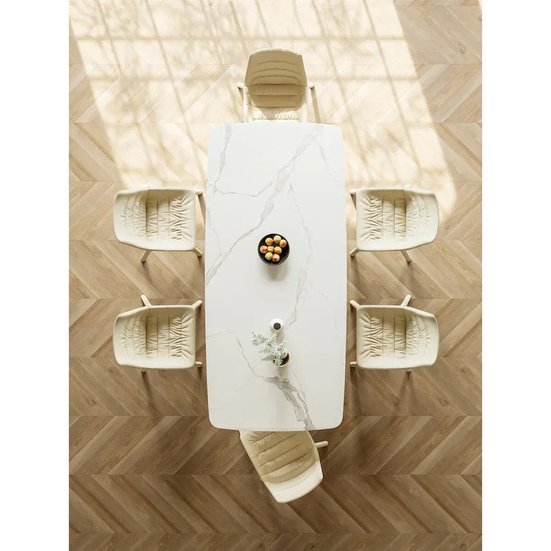 Mesa de comedor rectangular blanca de piedra sinterizada, 6 plazas – 160 cm (L) × 90 cm (An) × 75 cm (Al)