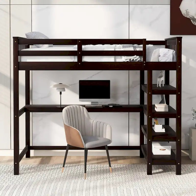Cama alta individual con escritorio y estantes, 1 persona (blanco / espresso / gris)
