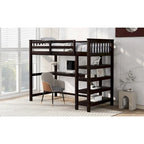 Cama alta individual con escritorio y estantes, 1 persona (blanco / espresso / gris)