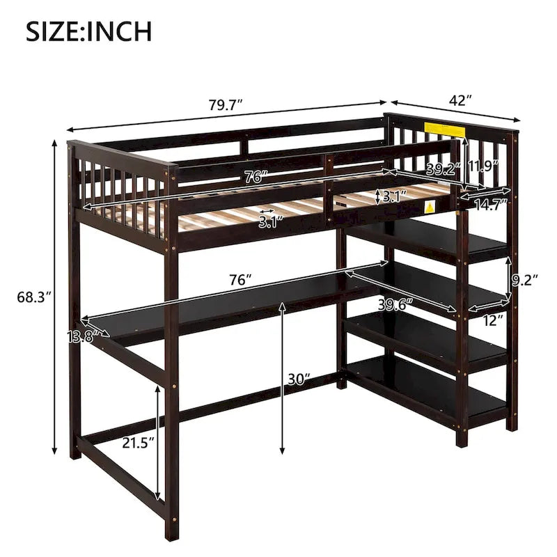 Cama alta individual con escritorio y estantes, 1 persona (blanco / espresso / gris)