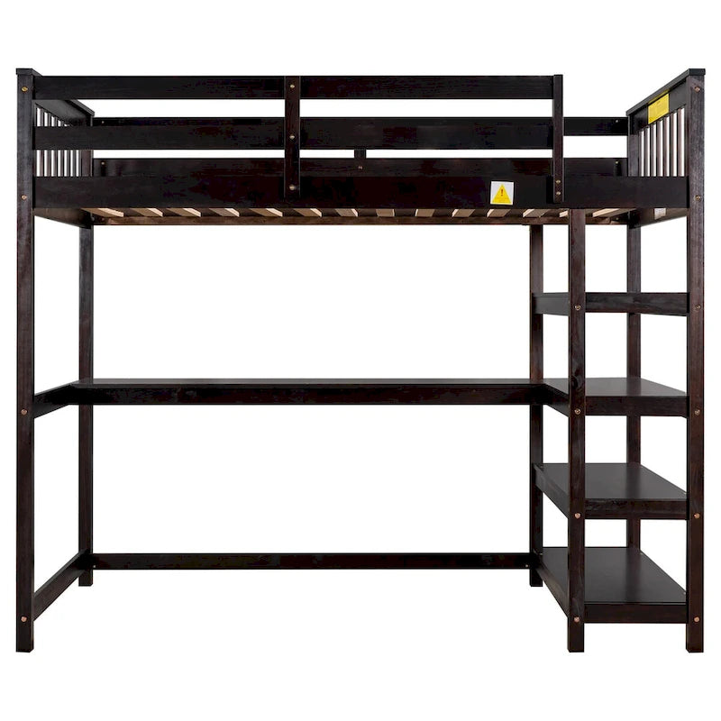Cama alta individual con escritorio y estantes, 1 persona (blanco / espresso / gris)