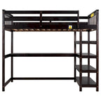 Cama alta individual con escritorio y estantes, 1 persona (blanco / espresso / gris)