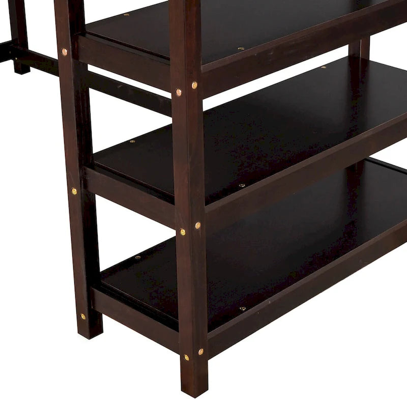 Cama alta individual con escritorio y estantes, 1 persona (blanco / espresso / gris)