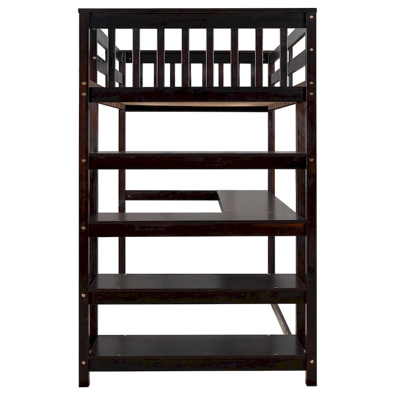Cama alta individual con escritorio y estantes, 1 persona (blanco / espresso / gris)