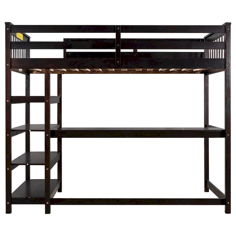 Cama alta individual con escritorio y estantes, 1 persona (blanco / espresso / gris)