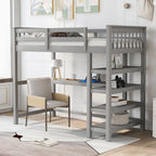 Cama alta individual con escritorio y estantes, 1 persona (blanco / espresso / gris)