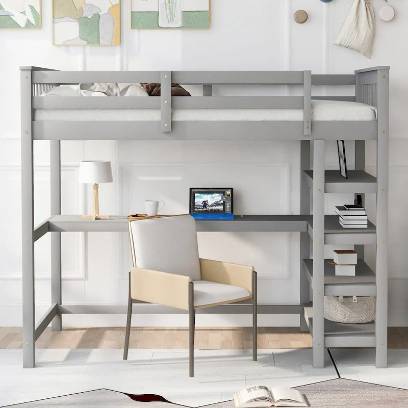 Cama alta individual con escritorio y estantes, 1 persona (blanco / espresso / gris)