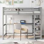 Cama alta individual con escritorio y estantes, 1 persona (blanco / espresso / gris)