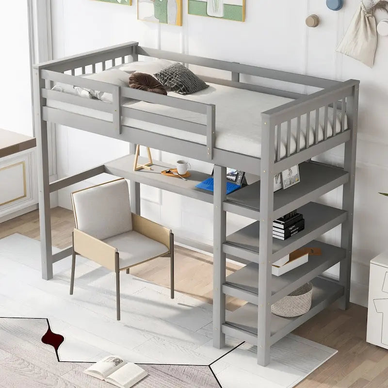 Cama alta individual con escritorio y estantes, 1 persona (blanco / espresso / gris)