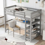 Cama alta individual con escritorio y estantes, 1 persona (blanco / espresso / gris)