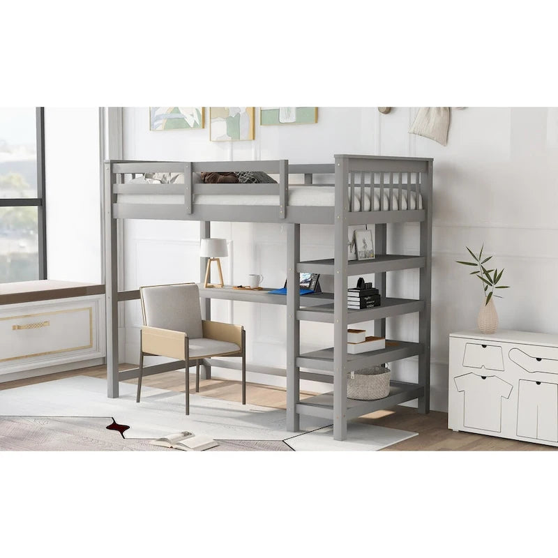 Cama alta individual con escritorio y estantes, 1 persona (blanco / espresso / gris)
