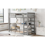 Cama alta individual con escritorio y estantes, 1 persona (blanco / espresso / gris)