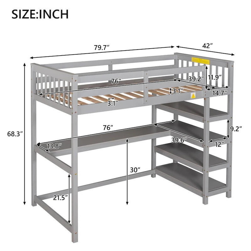 Cama alta individual con escritorio y estantes, 1 persona (blanco / espresso / gris)