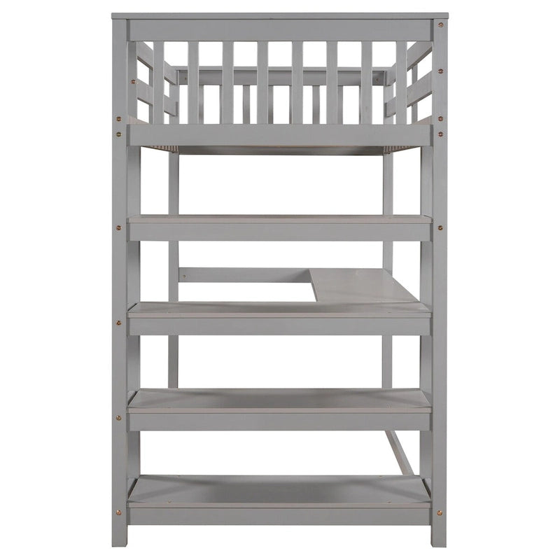 Cama alta individual con escritorio y estantes, 1 persona (blanco / espresso / gris)