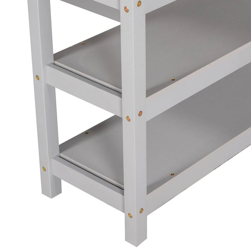 Cama alta individual con escritorio y estantes, 1 persona (blanco / espresso / gris)