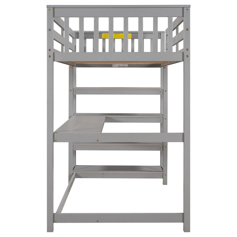 Cama alta individual con escritorio y estantes, 1 persona (blanco / espresso / gris)