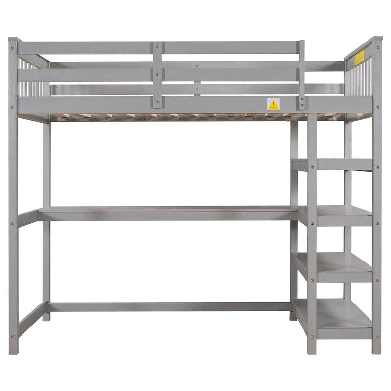 Cama alta individual con escritorio y estantes, 1 persona (blanco / espresso / gris)