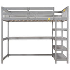 Cama alta individual con escritorio y estantes, 1 persona (blanco / espresso / gris)