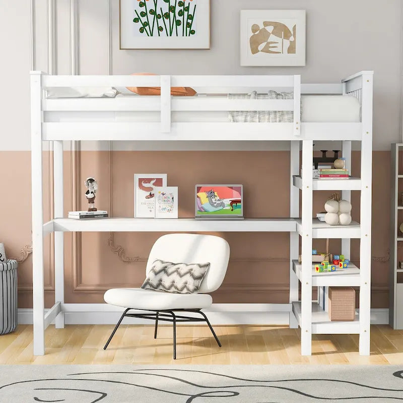 Cama alta individual con escritorio y estantes, 1 persona (blanco / espresso / gris)