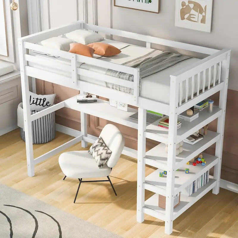 Cama alta individual con escritorio y estantes, 1 persona (blanco / espresso / gris)