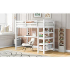 Cama alta individual con escritorio y estantes, 1 persona (blanco / espresso / gris)