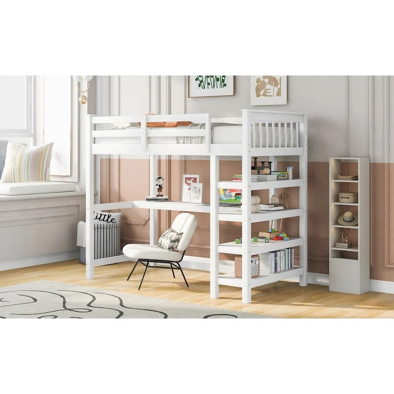 Cama alta individual con escritorio y estantes, 1 persona (blanco / espresso / gris)