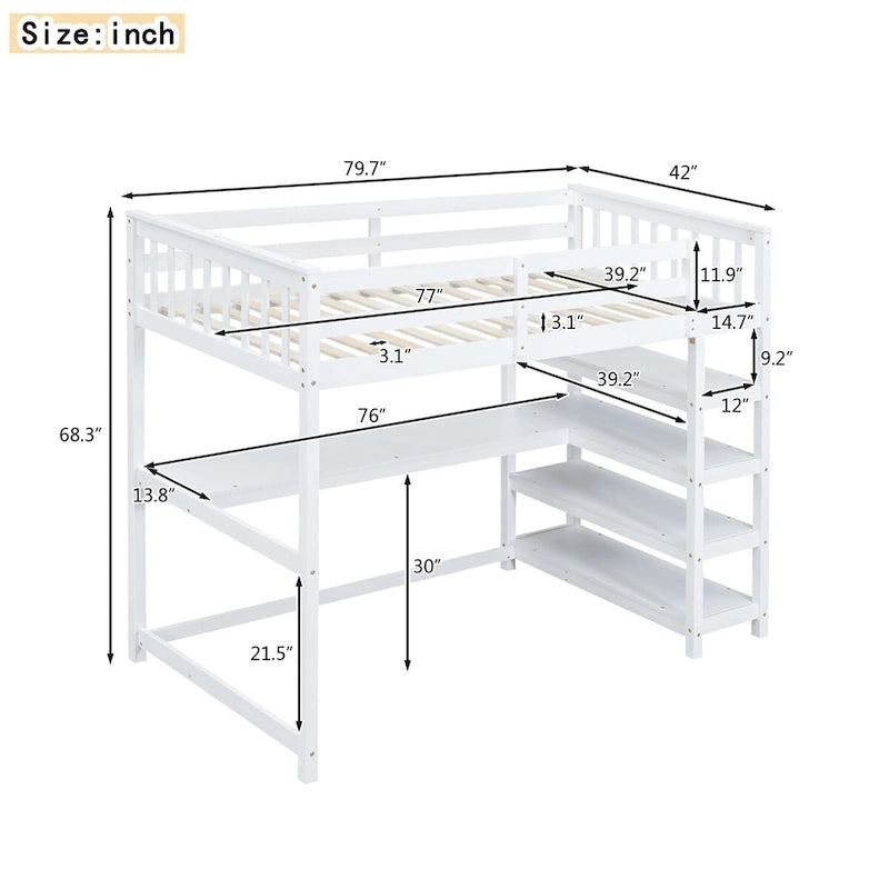 Cama alta individual con escritorio y estantes, 1 persona (blanco / espresso / gris)