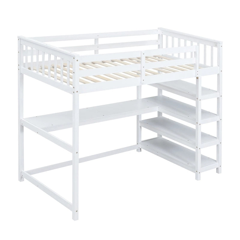 Cama alta individual con escritorio y estantes, 1 persona (blanco / espresso / gris)