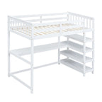 Cama alta individual con escritorio y estantes, 1 persona (blanco / espresso / gris)