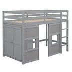 Cama alta doble gris con armario y 2 ventanas, marco en forma de casa, 1 persona