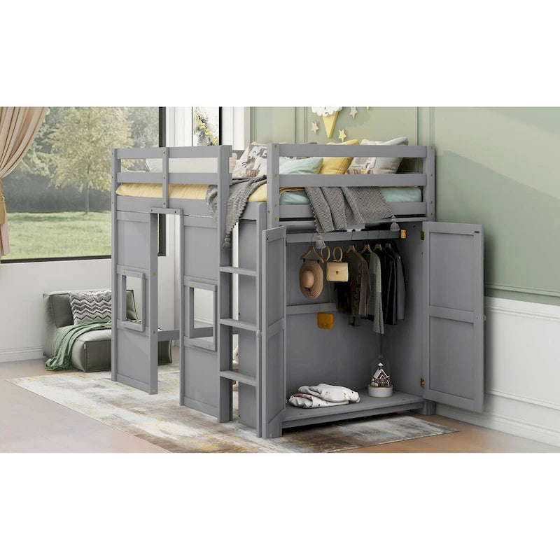 Cama alta doble gris con armario y 2 ventanas, marco en forma de casa, 1 persona