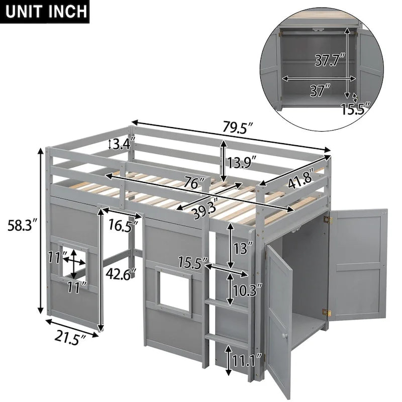 Cama alta doble gris con armario y 2 ventanas, marco en forma de casa, 1 persona