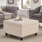 Puf otomano cuadrado de almacenamiento beige / gris oscuro / marrón / negro, con botones, reposapiés para 2 personas y mesa de centro
