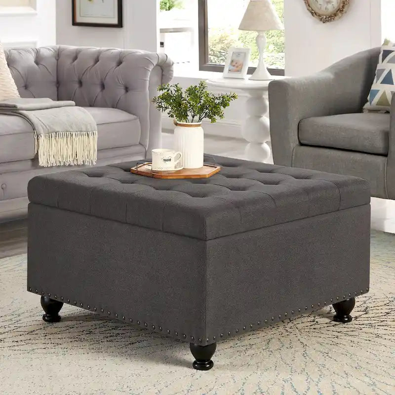 Puf otomano cuadrado de almacenamiento beige / gris oscuro / marrón / negro, con botones, reposapiés para 2 personas y mesa de centro