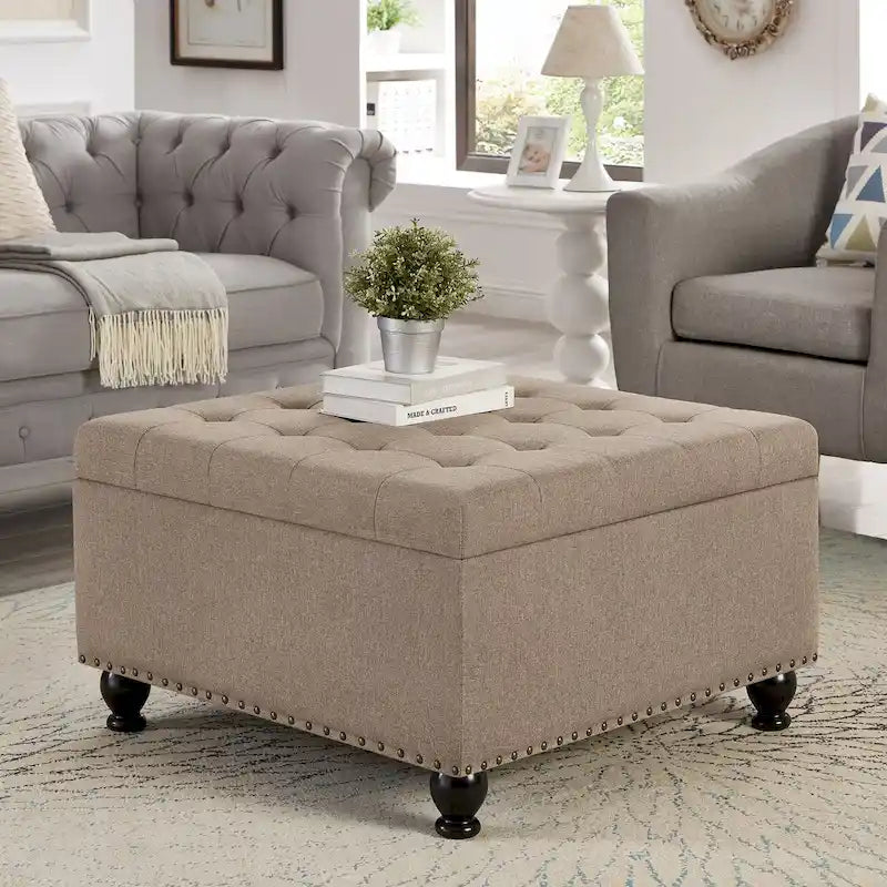 Puf otomano cuadrado de almacenamiento beige / gris oscuro / marrón / negro, con botones, reposapiés para 2 personas y mesa de centro