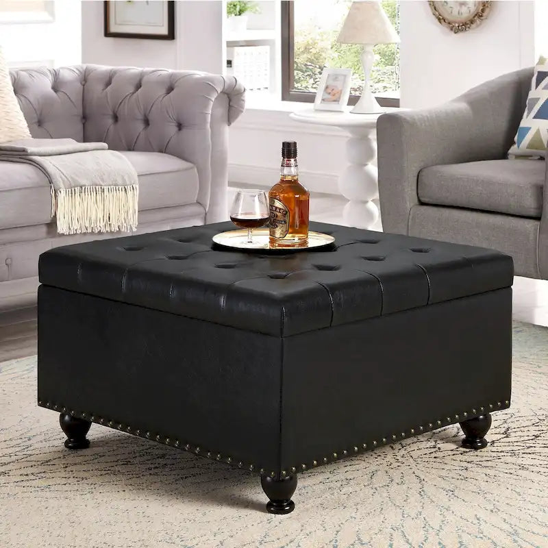 Puf otomano cuadrado de almacenamiento beige / gris oscuro / marrón / negro, con botones, reposapiés para 2 personas y mesa de centro