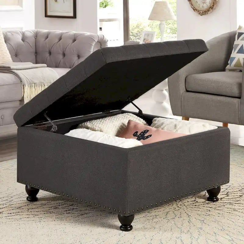 Puf otomano cuadrado de almacenamiento beige / gris oscuro / marrón / negro, con botones, reposapiés para 2 personas y mesa de centro
