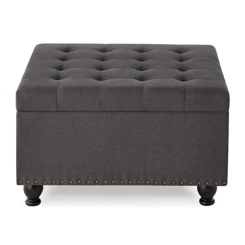 Puf otomano cuadrado de almacenamiento beige / gris oscuro / marrón / negro, con botones, reposapiés para 2 personas y mesa de centro