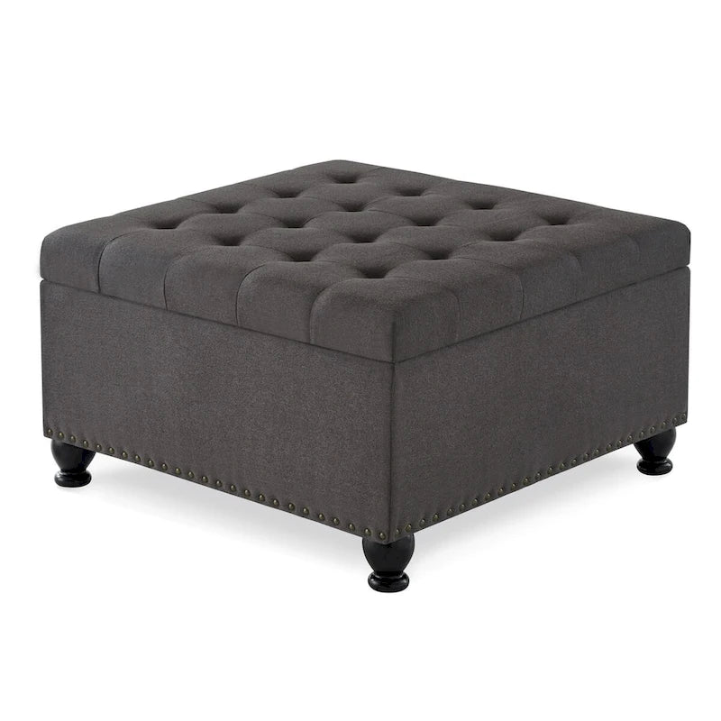 Puf otomano cuadrado de almacenamiento beige / gris oscuro / marrón / negro, con botones, reposapiés para 2 personas y mesa de centro