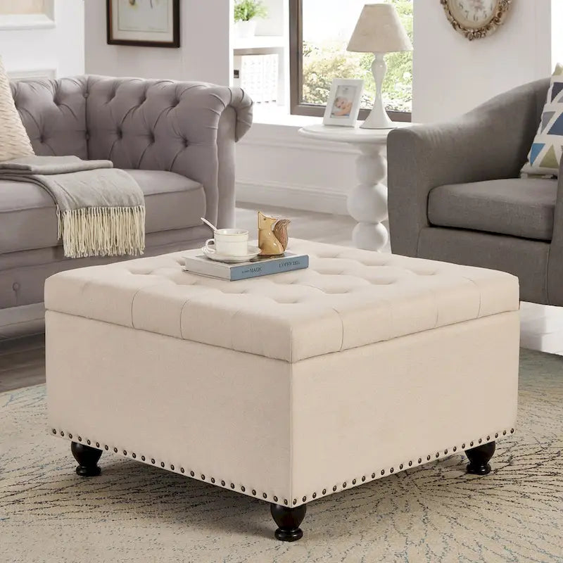Puf otomano cuadrado de almacenamiento beige / gris oscuro / marrón / negro, con botones, reposapiés para 2 personas y mesa de centro