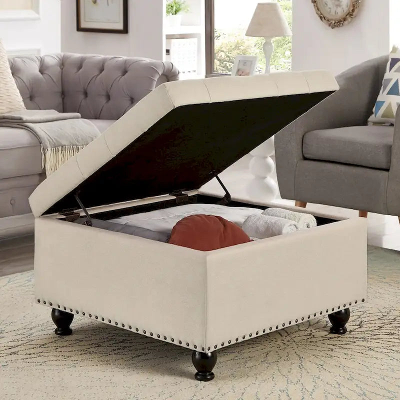 Puf otomano cuadrado de almacenamiento beige / gris oscuro / marrón / negro, con botones, reposapiés para 2 personas y mesa de centro