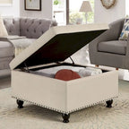 Puf otomano cuadrado de almacenamiento beige / gris oscuro / marrón / negro, con botones, reposapiés para 2 personas y mesa de centro