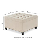 Puf otomano cuadrado de almacenamiento beige / gris oscuro / marrón / negro, con botones, reposapiés para 2 personas y mesa de centro